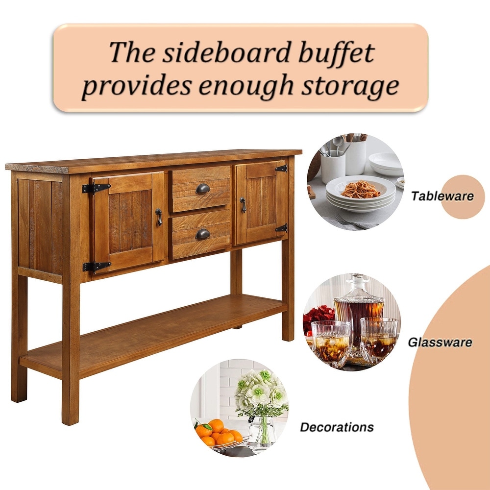 Wood Sideboard Console Table with 2 Drawers and Cabinets and Bottom Shelf  Retro Style Storage Dining Buffet Server Cabinet