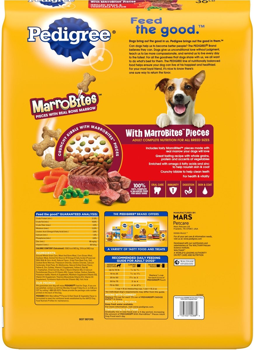 Pedigree w/MarroBites Steak and Vegetable Flavor Pieces Adult Dry Dog Food， 36-lb bag