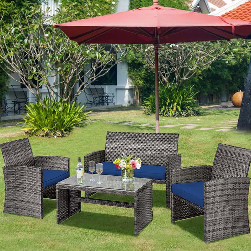 4 Pcs Rattan Wicker Patio Furniture Sets, Outdoor Conversation Sets with Loveseat, Table, Single Sofas