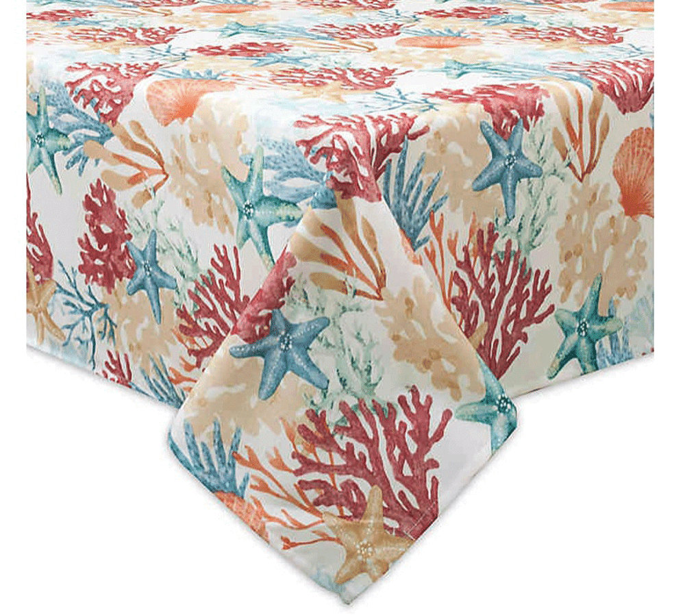 Bardwil Linens Coral Oasis Coral Starfish Seashells Indoor Outdoor Fabric Tablecloth (60" x 120" Umbrella Hole)