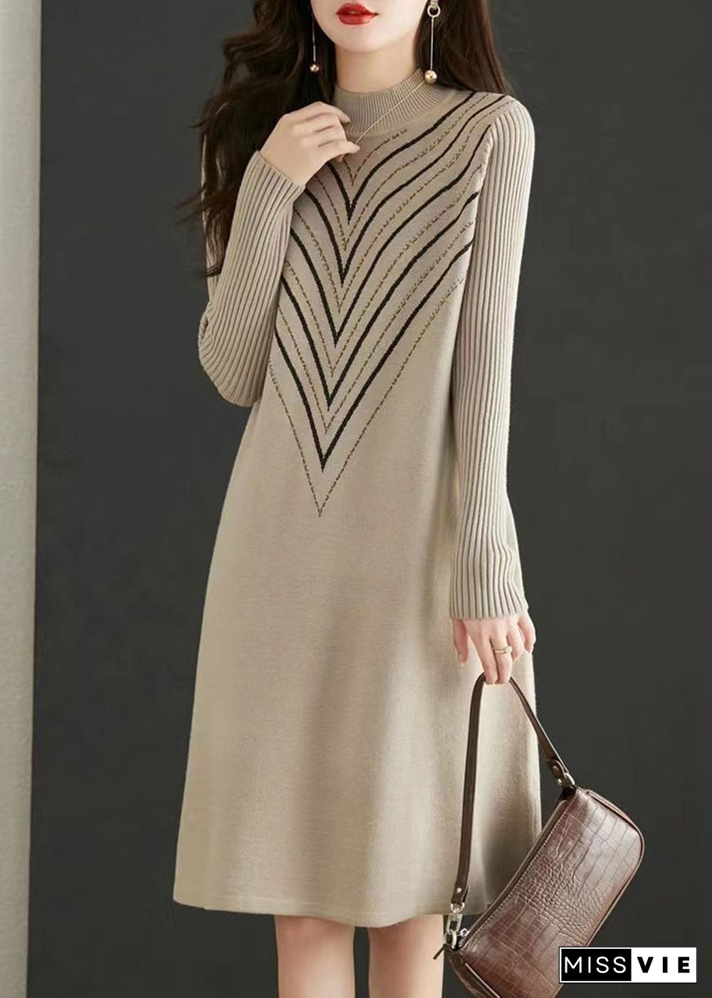 Elegant Apricot O Neck Print Zircon Patchwork Knit Dress Fall