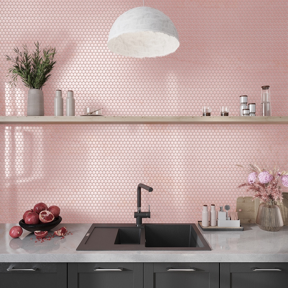 Cirkel 11.46 in. x 12.4 in. Glossy Pink Porcelain Mosaic Wall and Floor Tile (9.87 sq. ft./case) (10 pack)