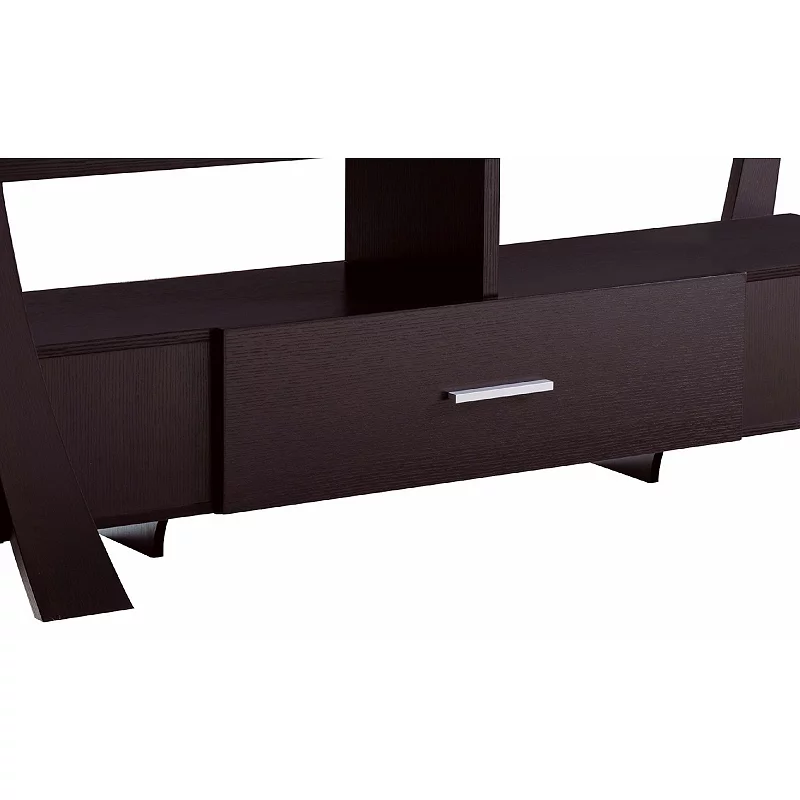 Modern Style TV Stand with 2 Open Shelves and 2 Side Shelves， Brown