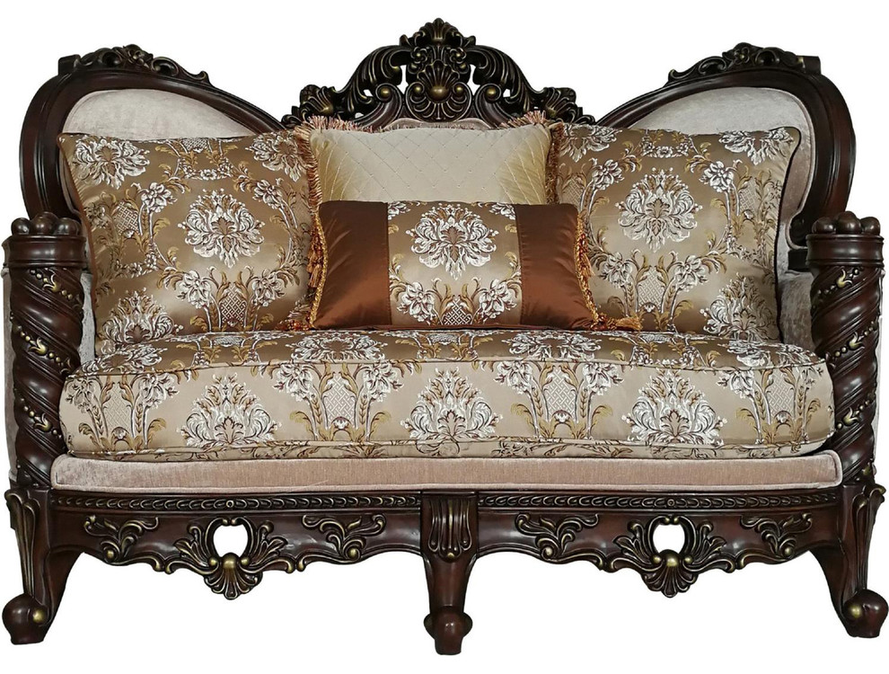 Velvet Upholstery Loveseat With Wingback And Four Pillows  Beige  ampDark Walnut   Victorian   Loveseats   by VirVentures  Houzz