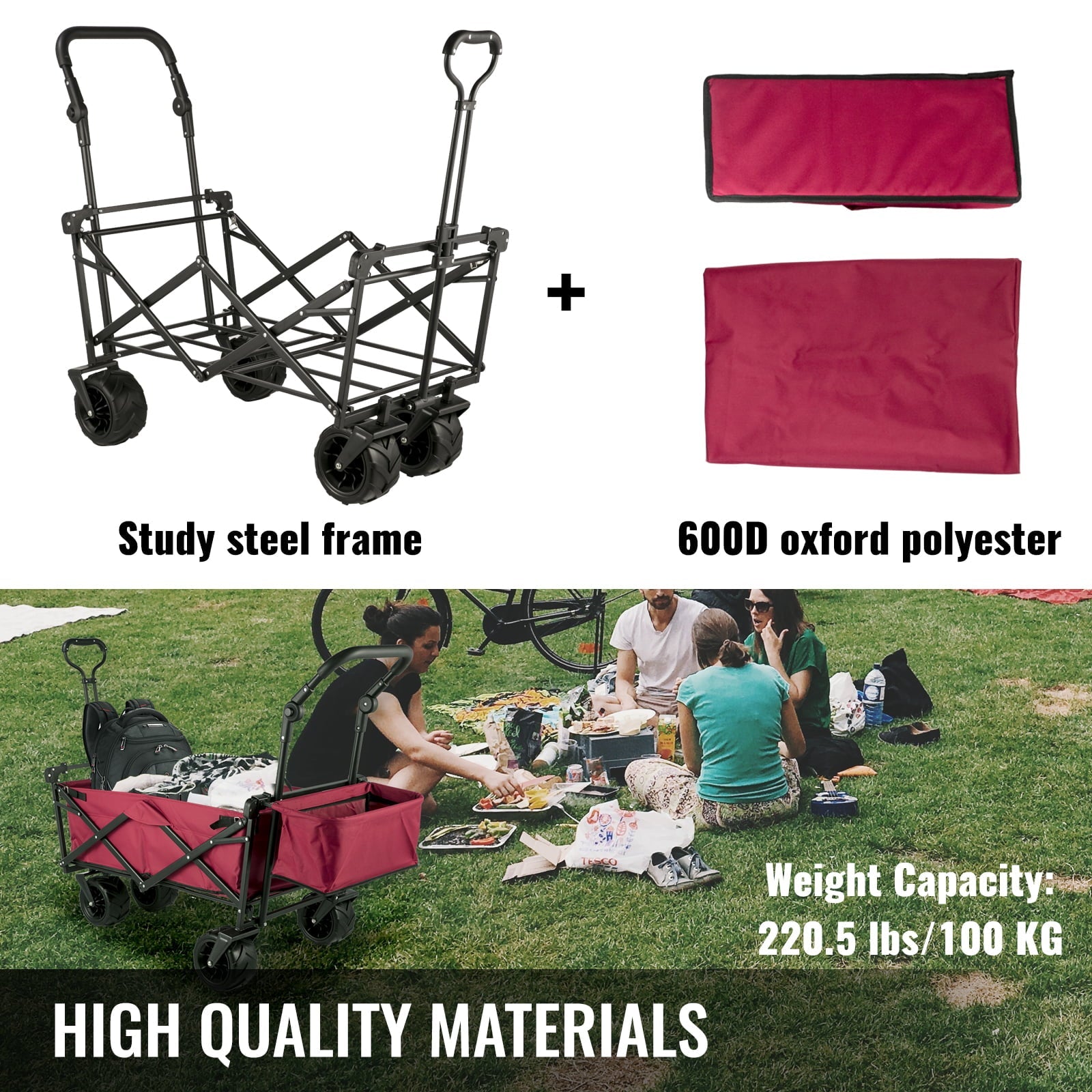 BENTISM Collapsible Wagon Cart Red, Foldable Wagon Cart Removable Canopy 601D Oxford Cloth, Collapsible Wagon Oversized Wheels, Portable Folding Wagon Adjustable Handles, Beach, Garden, Sports