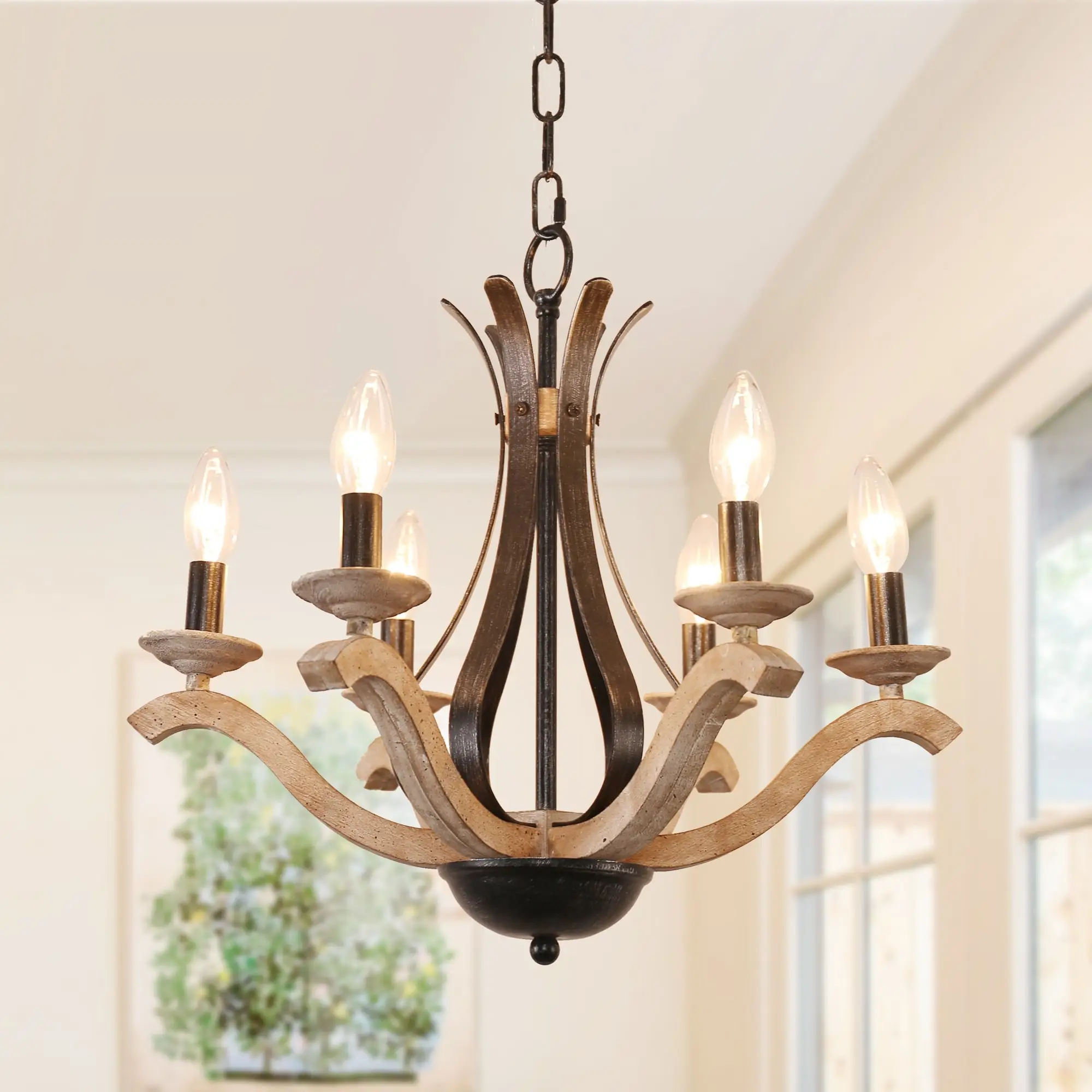 Oaks Aura French Country 6-Light Candle Style Ceiling Light， Farmhouse Rustic Wooden Chandelier Shopping - The Best Deals on Chandeliers