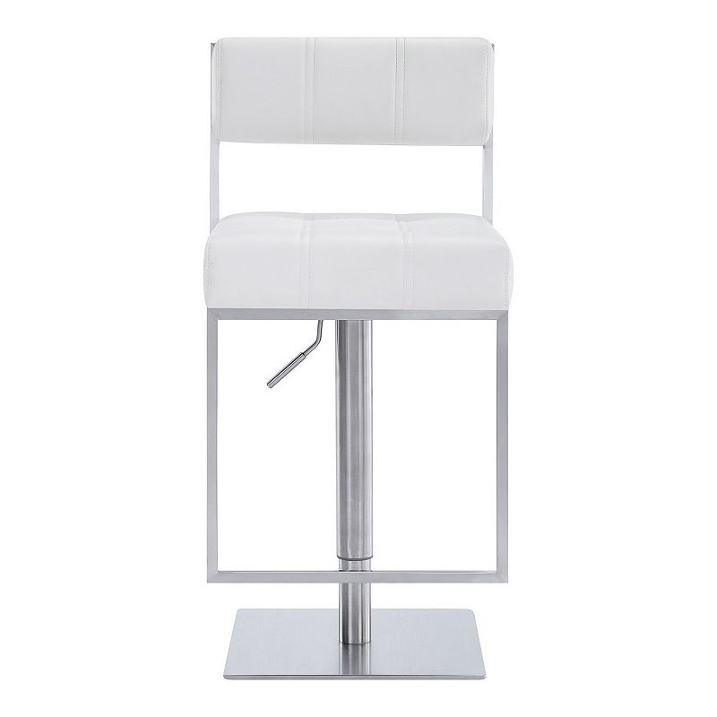 35 Inch Metal and Leatherette Barstool， Silver and White