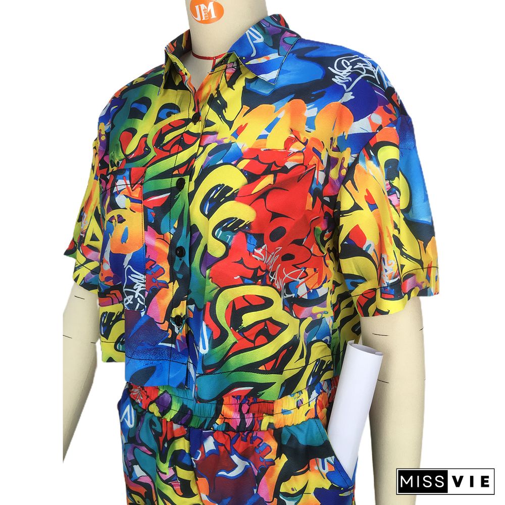 Abstract Printing Short Sleeve Shirts and Shorts Set