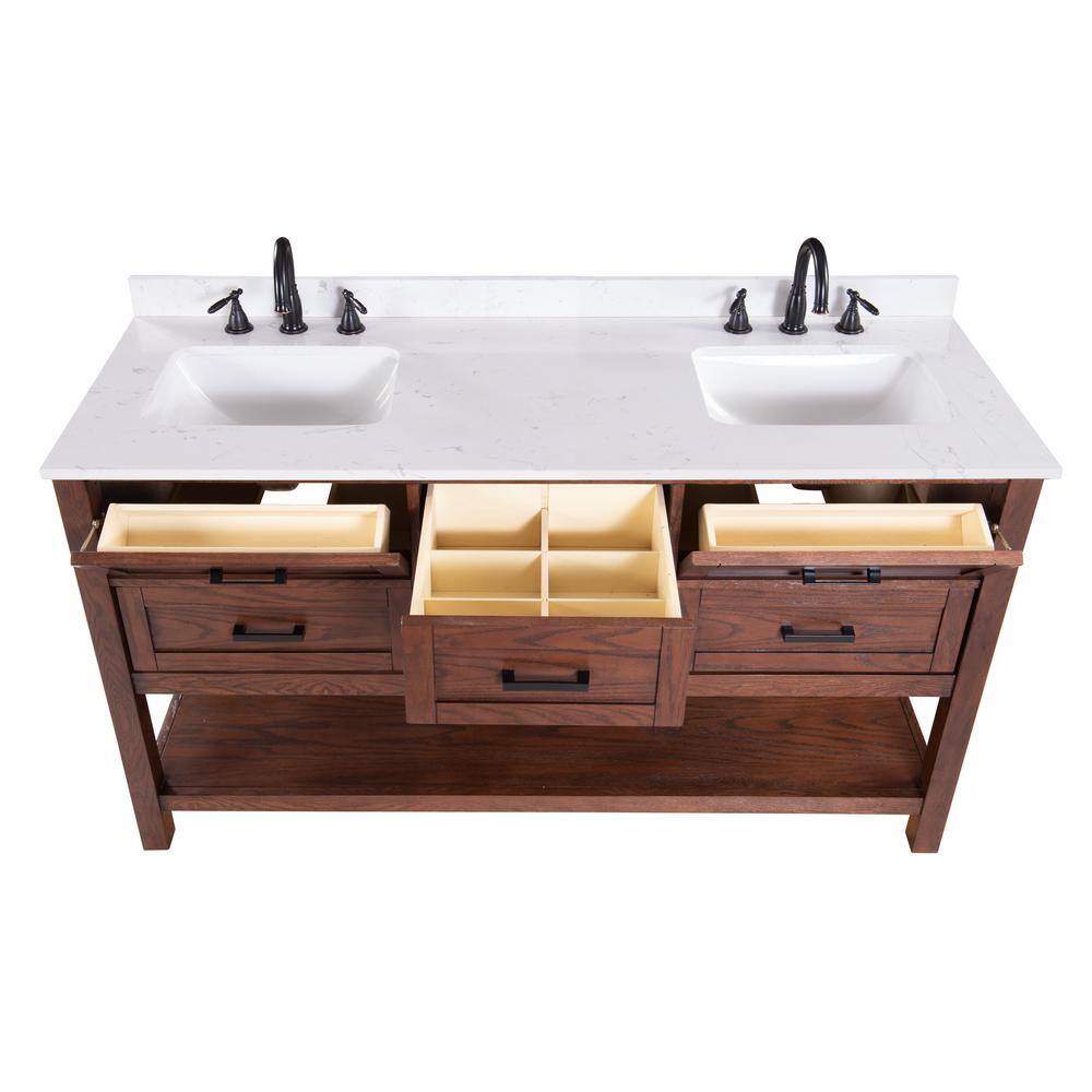 Home Decorators Collection Tolbrook 60in. W x 22 in. D x 34 12 in. H Vanity in Brown Oak with Engineered Carrara Marble Top and White Sinks TJ-0204V6022BR