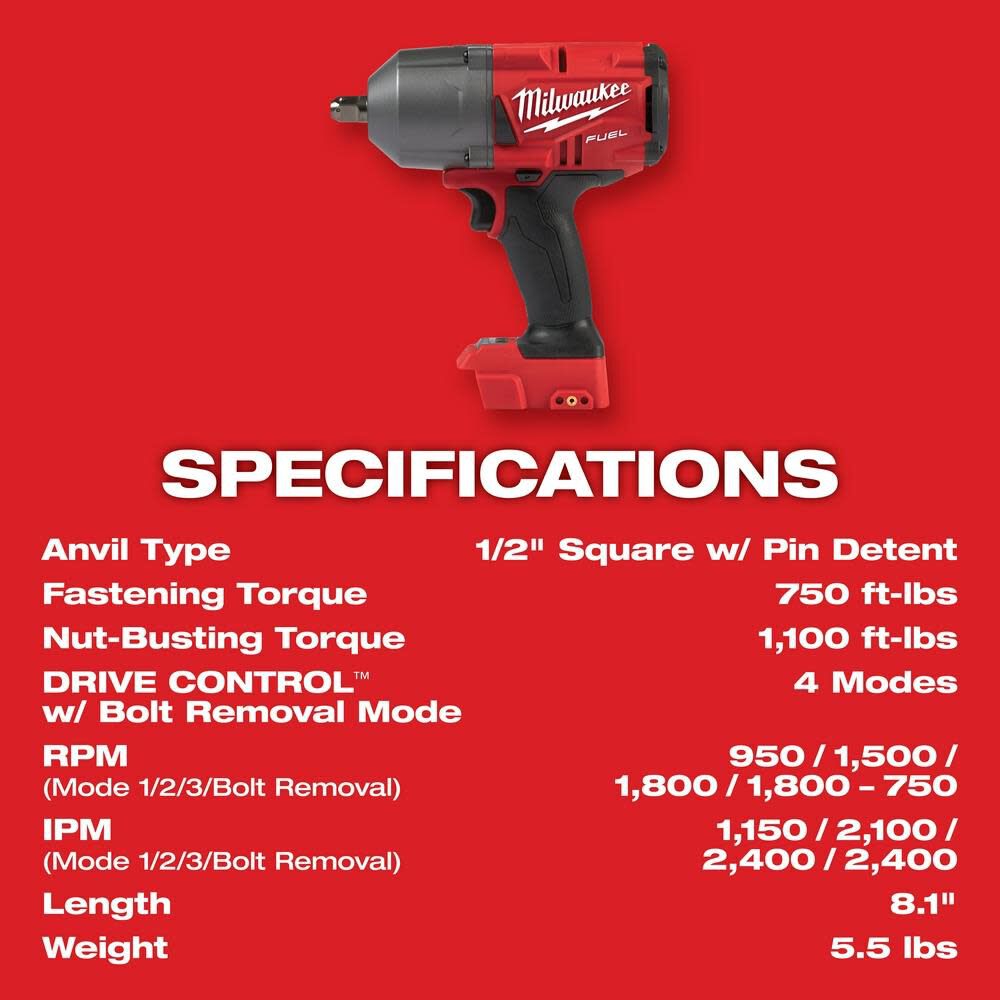 Milwaukee M18 FUEL High Torque 1/2 Impact Wrench with Pin Detent Kit 2766-22R from Milwaukee