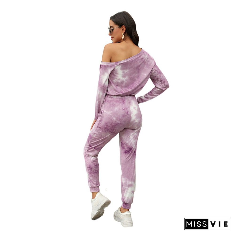 Women Tie Dye Print Jumpsuit Streetwear Off Shoulder Lace Up One Piece Romper Overalls Autumn Rompers Womens Jumpsuit