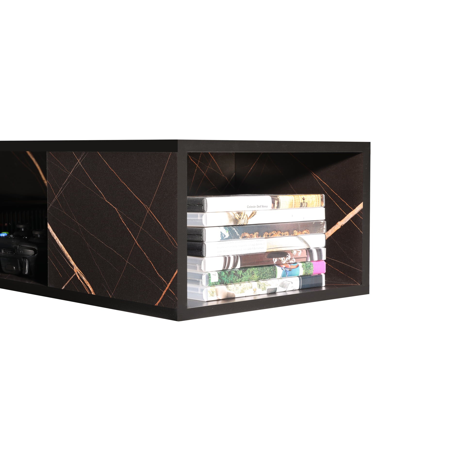 Floating Black TV Stand with Blue LED Lights, Wall Mounted Entertainment Center Shelf, Media Console Component Under TV