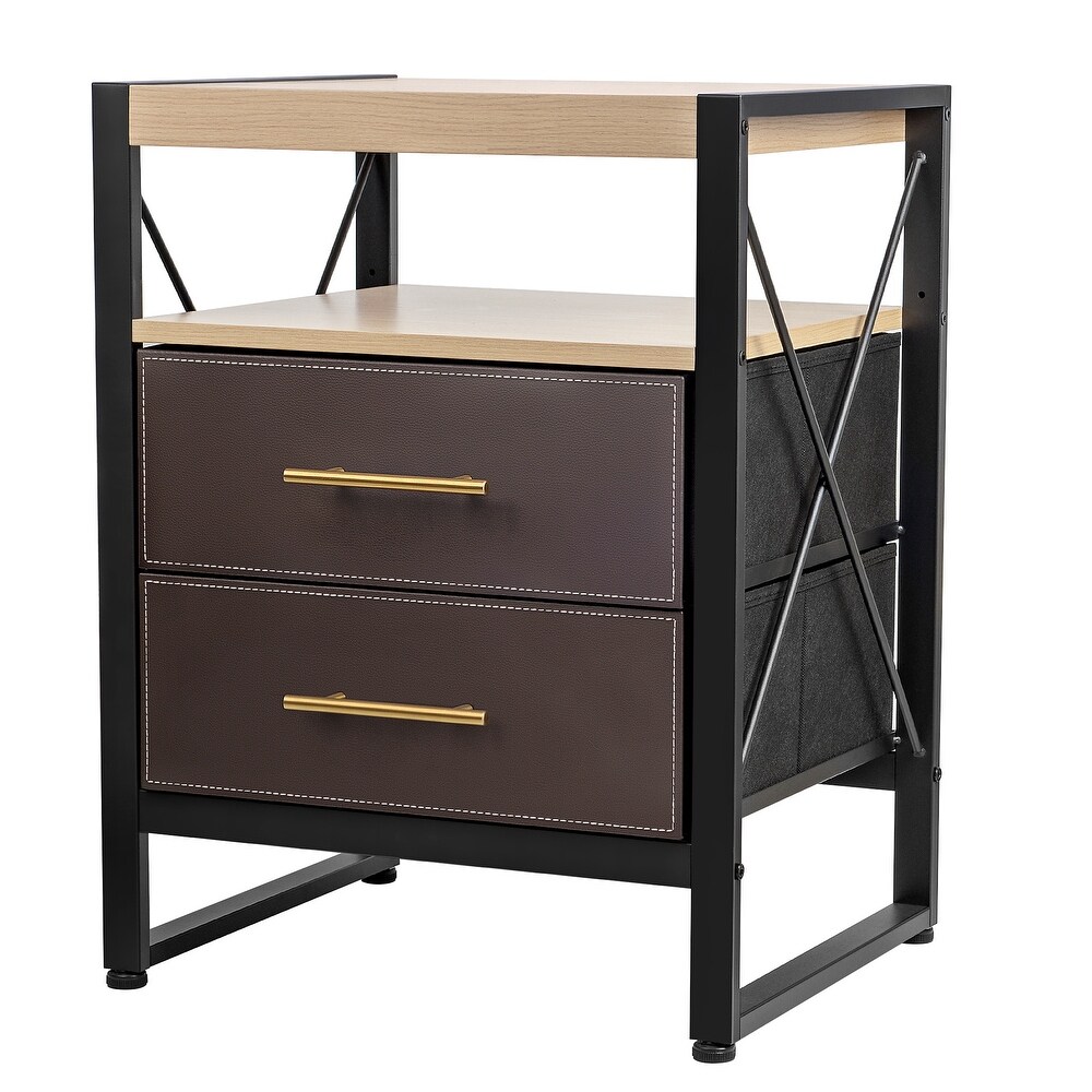 Nightstand End Table w/ 2 Removable Fabric Drawers and Shelf  Black