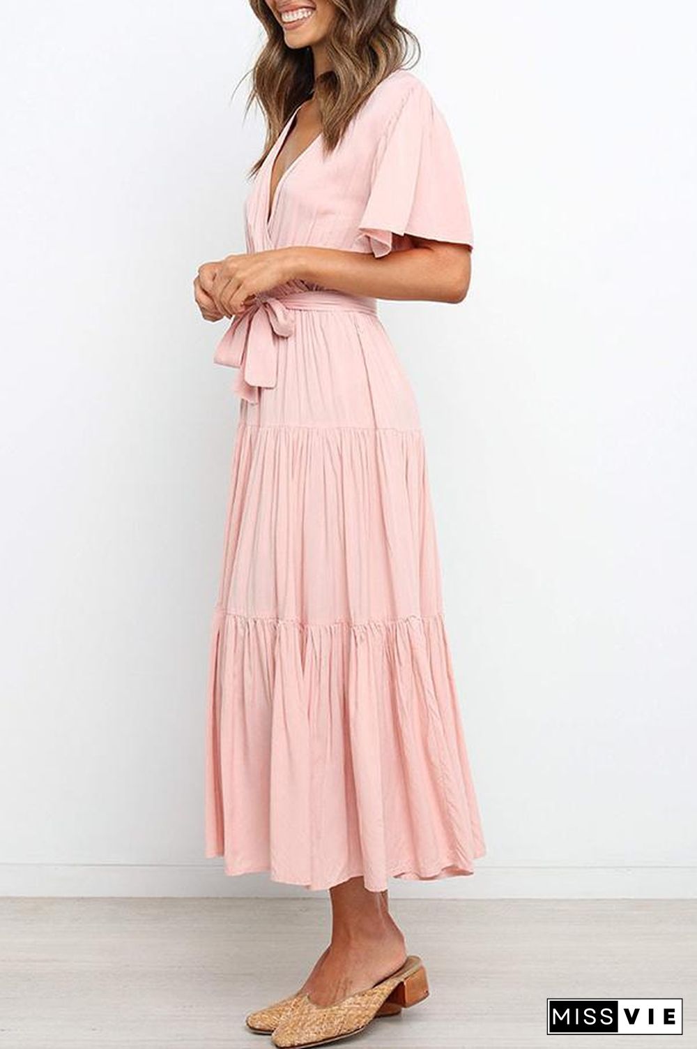 Ruffled Sleeve V-neck Tie Waist Maxi Dress P14492