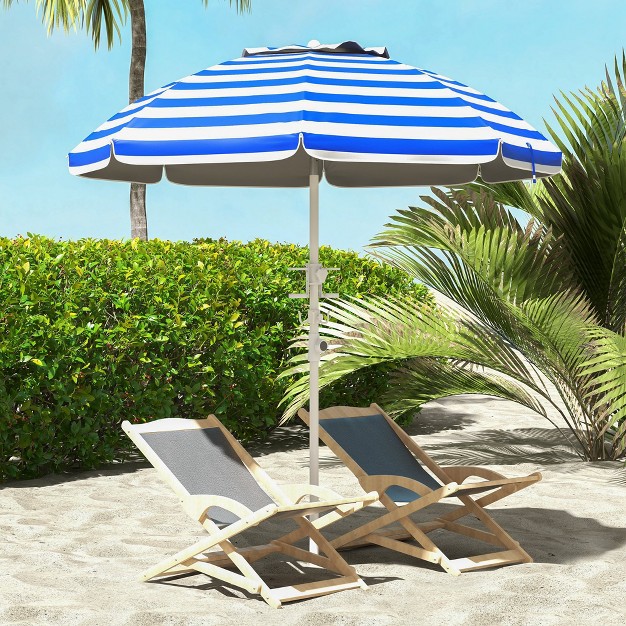 Outsunny 5 7 x27 Beach Umbrella With Cup Holders Hooks Vented Canopy Portable Outdoor Umbrella Blue Stripe