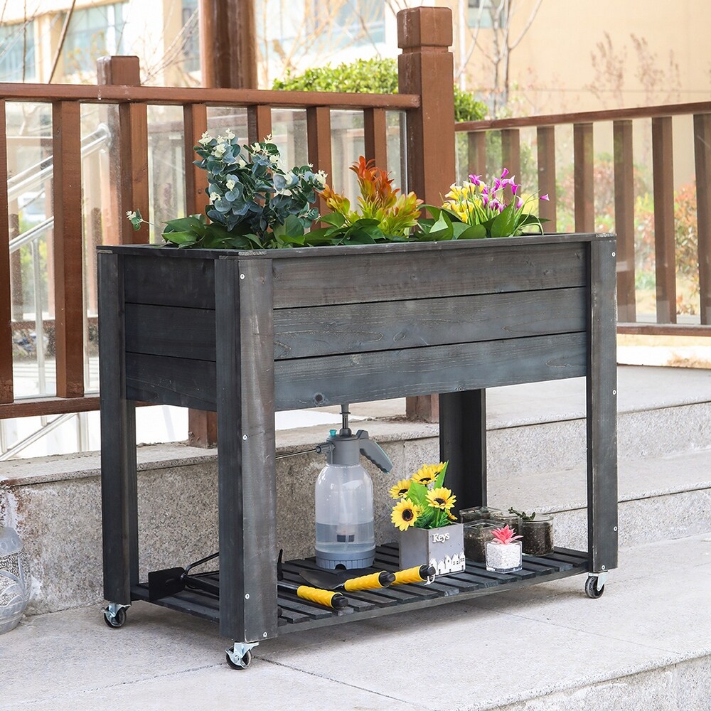 40 in x 32 in x 20 in Grey WoodenElevated Planter with Shelf and Wheel   40x32x20