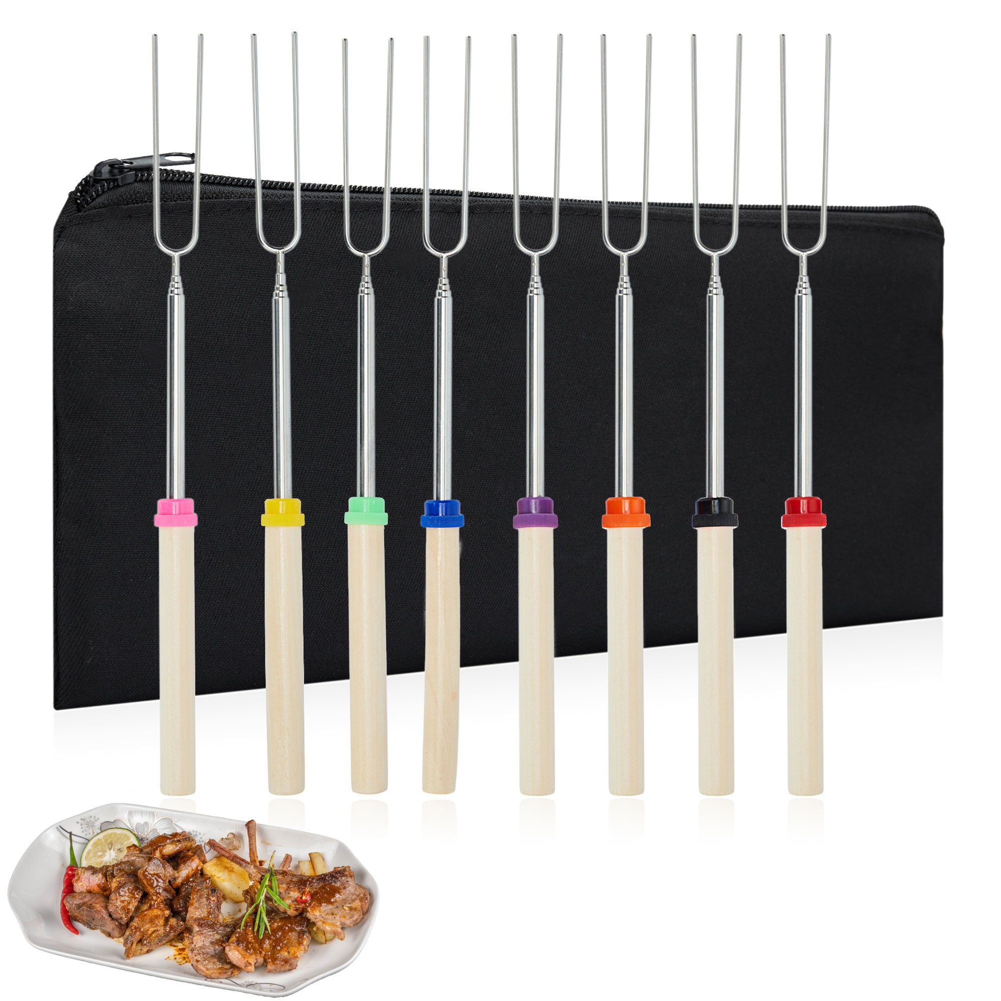 Wacanda 8PCS Retractable Barbecue Fork Set With Wooden Handle Marshmallow Barbecue Stick Barbecue Hot Dog Fork Terrace Camping Tableware