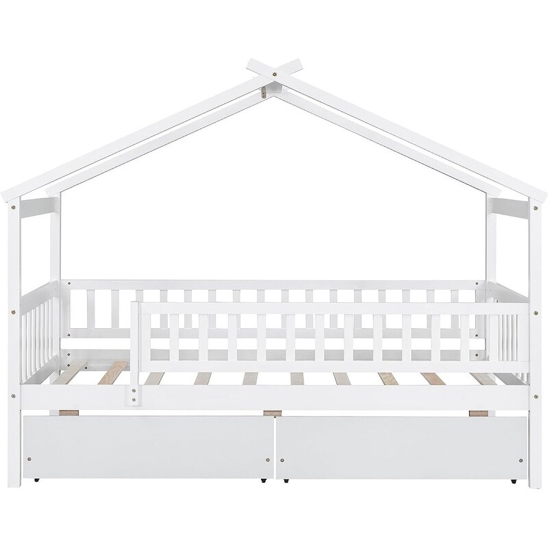 Twin House Bed with 2 Storage Drawers Rails and Roof for Kids