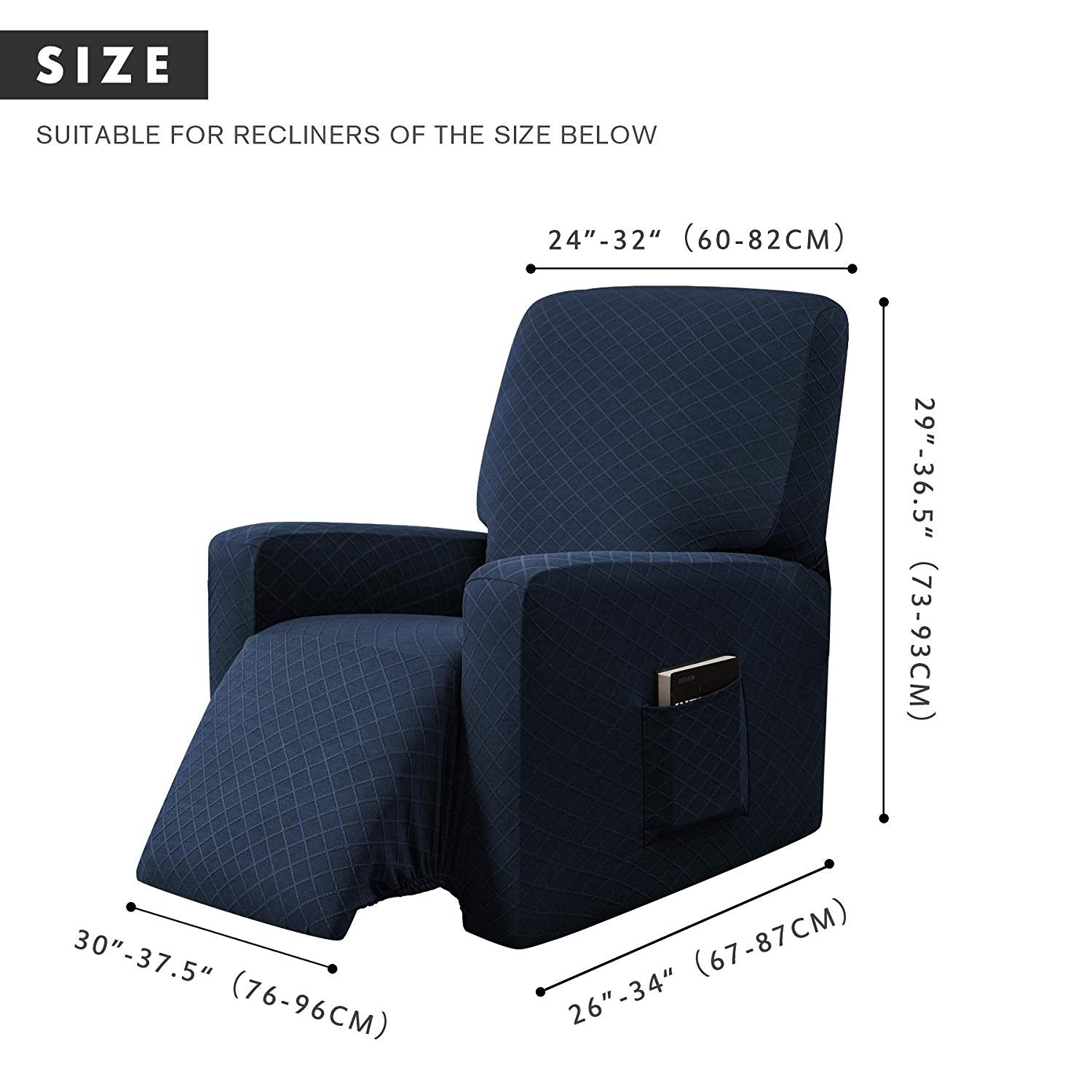 Enova Home Ultra Soft Rhombus Stretch Fabric Recliner Slipcover with Elastic Bottom Side Pocket (Dark Blue)