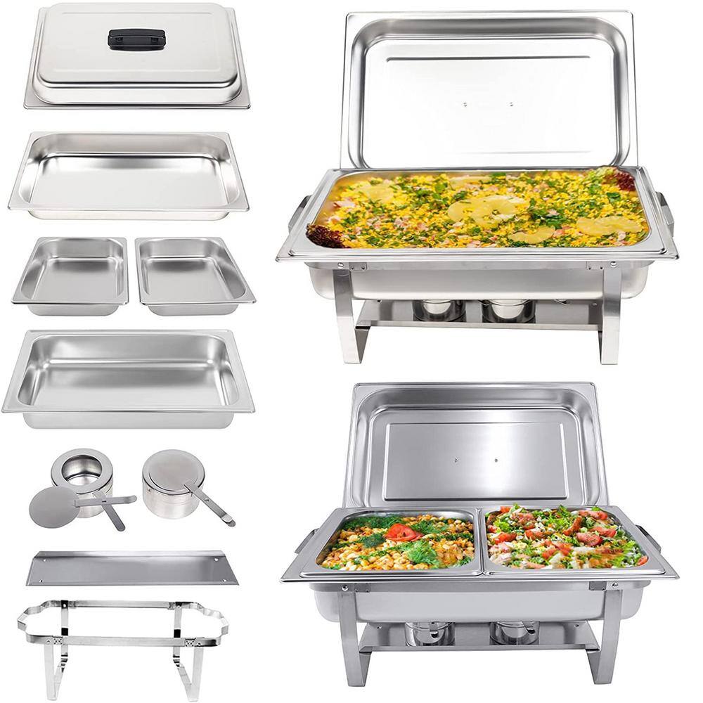 FUNKOL 9 Qt. Grip Foldable Frame Silver Rectangular Full Size Stainless Steel Buffet Plates for Parties Restaurants  4-Piece LML-94870