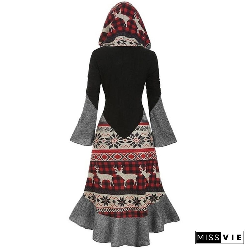 Womens Fashion Christmas Elk Printing Dress Long Section Hooded Ruffled Hem Cloak Knitted Dress Plus Size XS-5XL