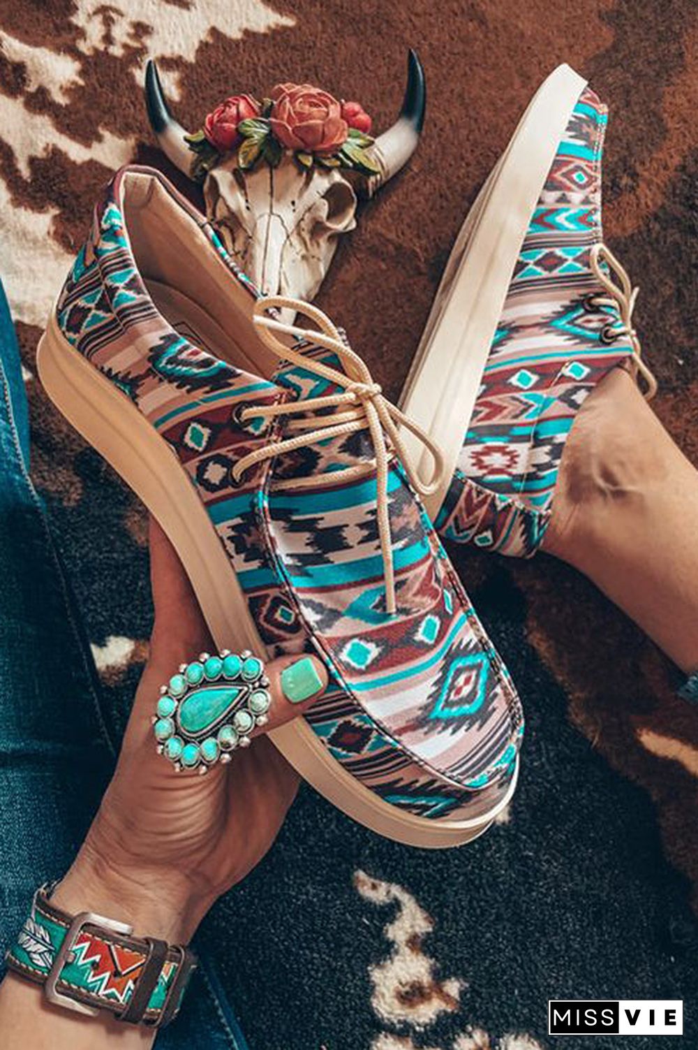 Aztec Lace-Up Canvas Flat Sneakers