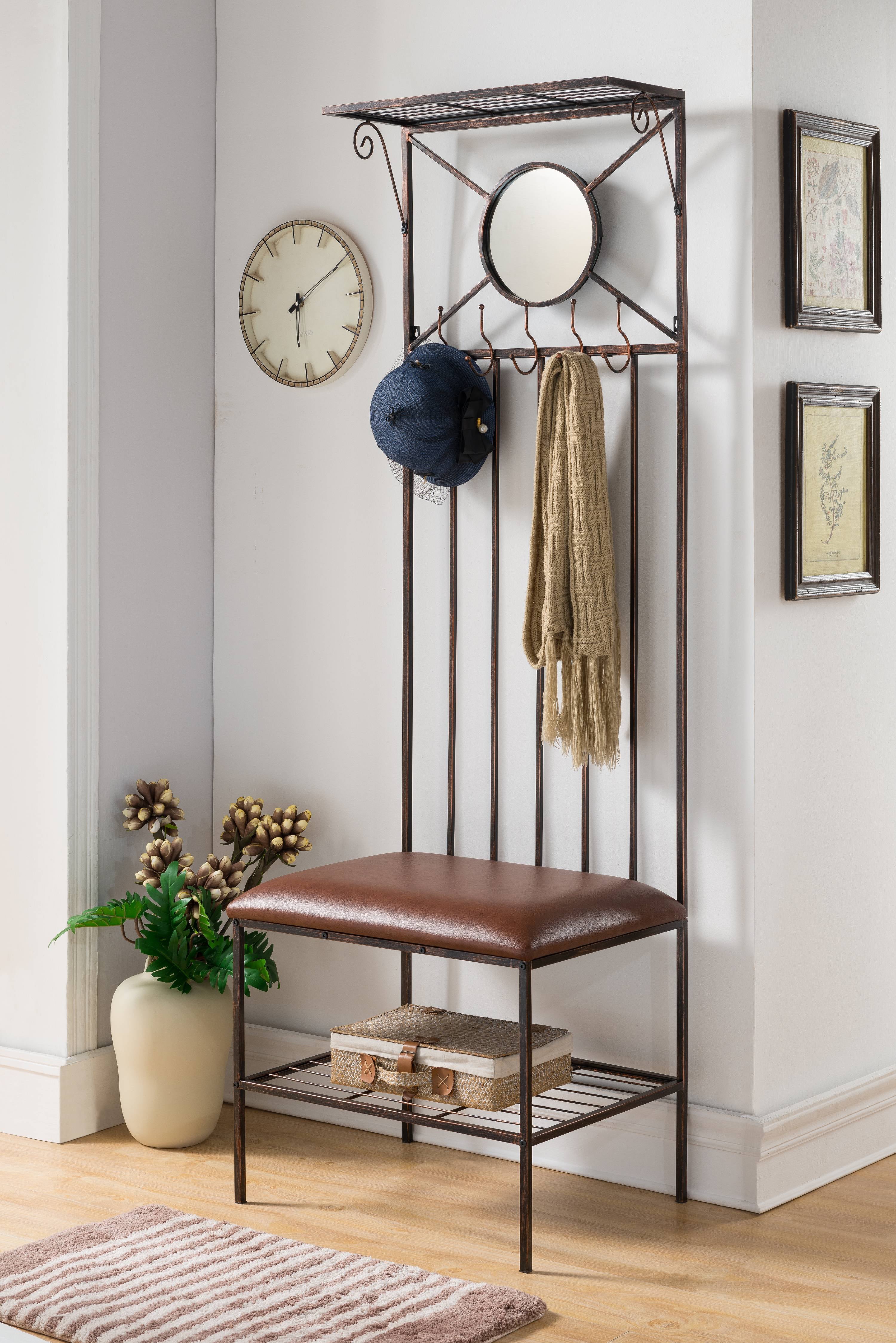 Corben Copper Metal Entryway Storage Bench and Tree Coat Rack with Mirror.