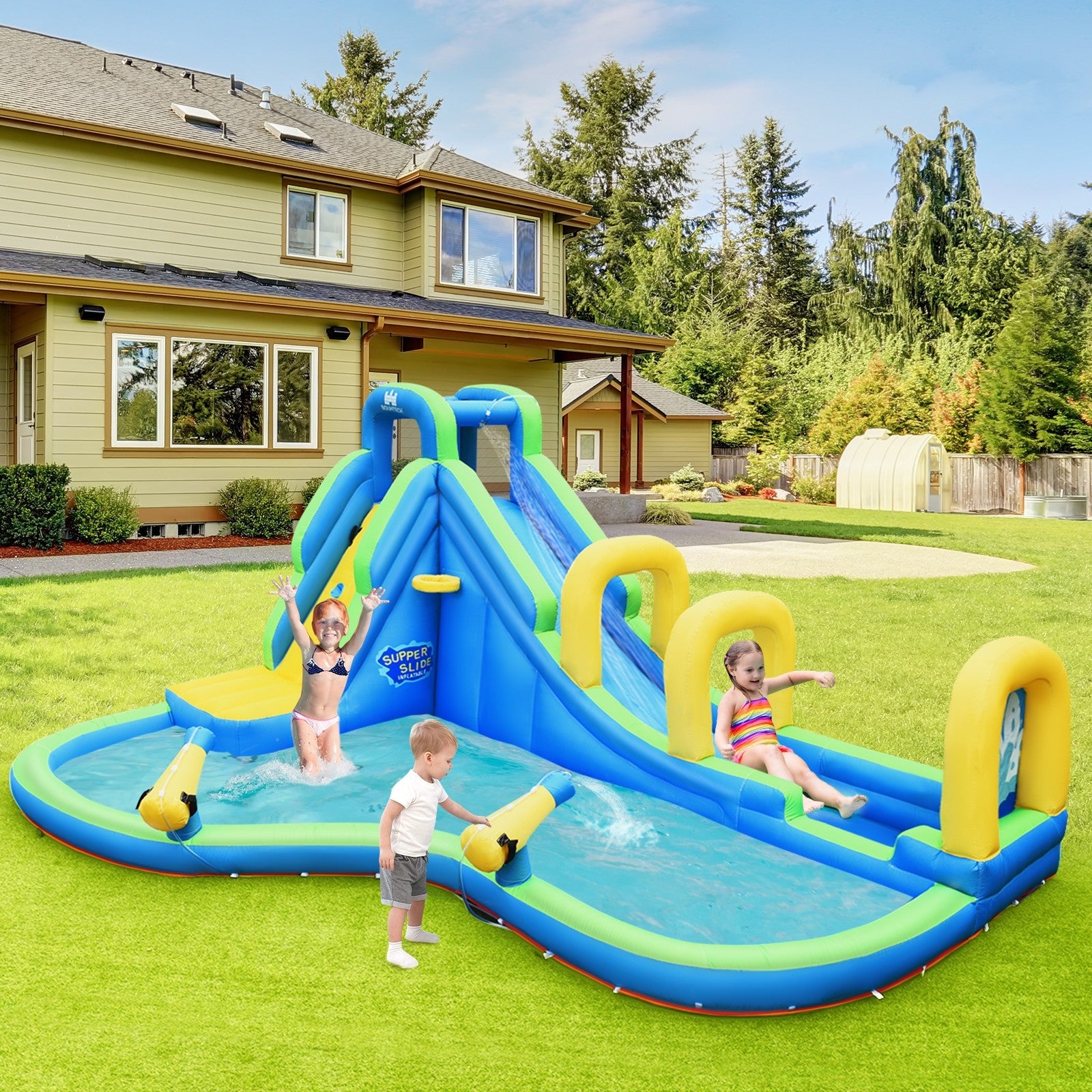 BOUNTECH Long Slide Bouncer Park w/Climbing Wall & Splashing Pool