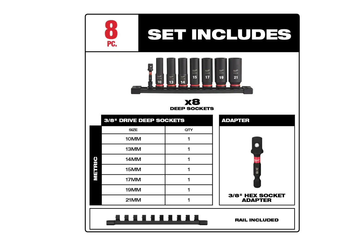 Milwaukee 49-66-7021 SHOCKWAVE Impact Duty 3/8 in. Metric Deep Impact Rated Socket Set (8-Piece)