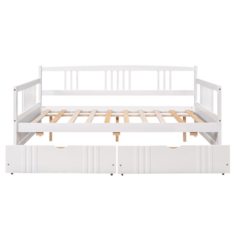 Twin Size Wood Daybed with 2 Storage Drawers and 3 Side Guardrail  Wood Kid's Bed with Wood Slats for Bedroom