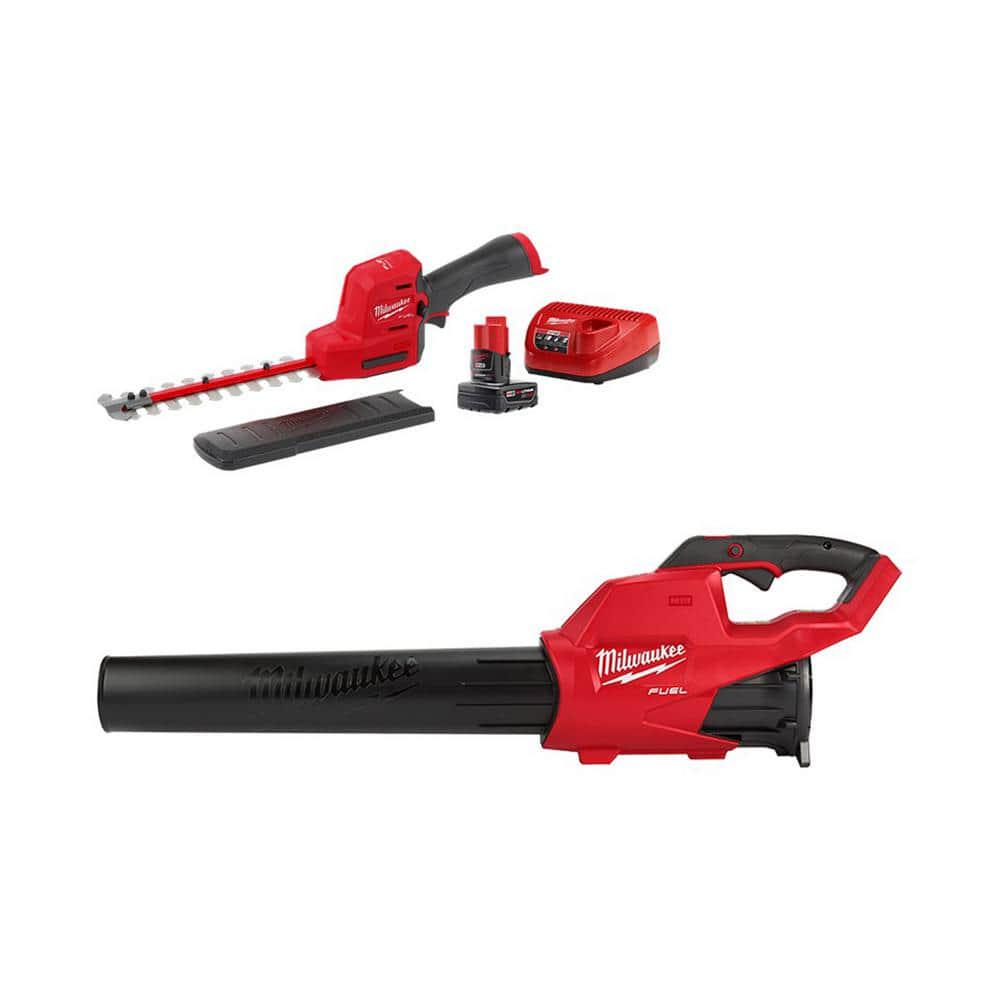 Milwaukee M12 FUEL 8 in 12V LithiumIon Brushless Cordless Hedge Trimmer Kit with M18 FUEL 120 MPH 450 CFM Blower