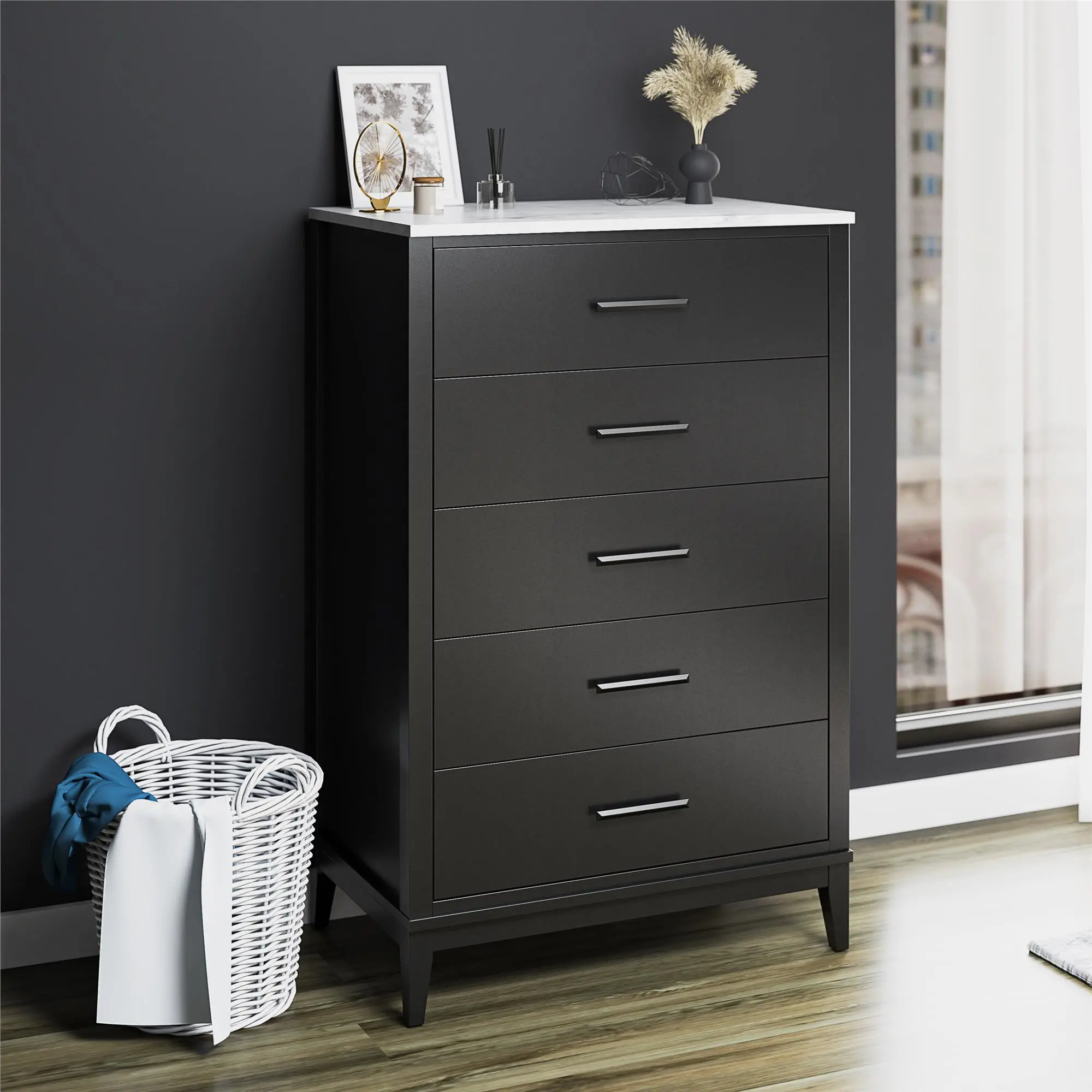 Lynnhaven Black 5 Drawer Dresser with White Marble Top