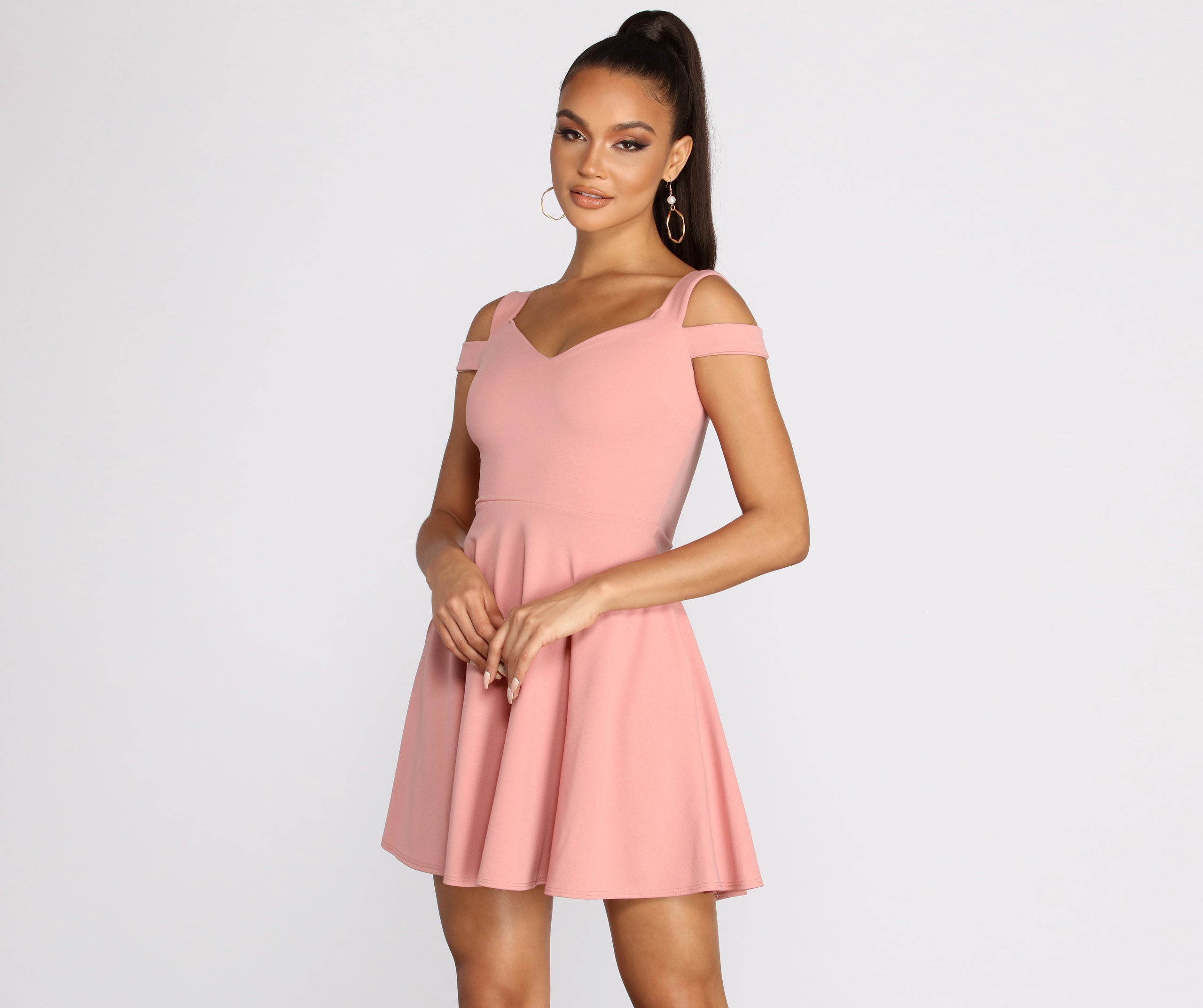 Give It A Spin Off Shoulder Pleated Skater Dress