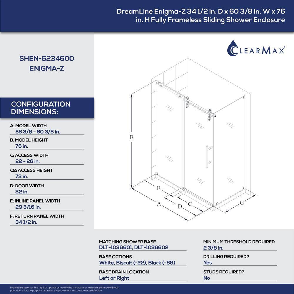 DreamLine Enigma-Z 34-12 in. D x 56-38 to 60-38 in. W x 76 in. H Frameless Corner Shower Enclosure in Brushed Stainless Steel SHEN-6234600-07