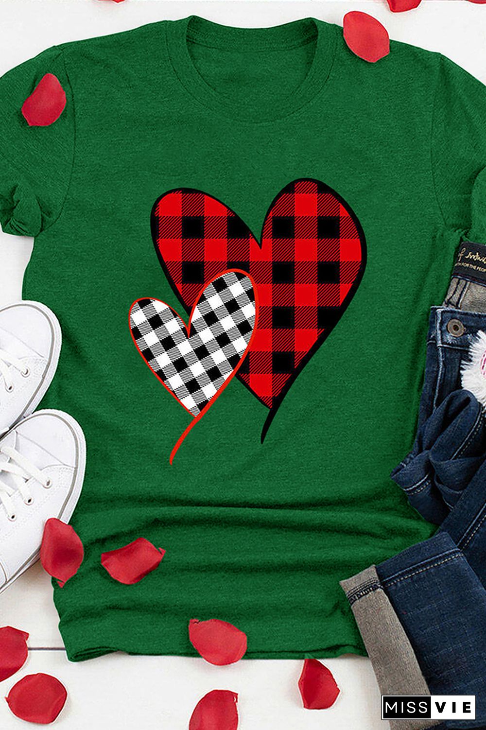 Valentine's Day Plaid Heart Print Short Sleeve Graphic Tee Wholesale