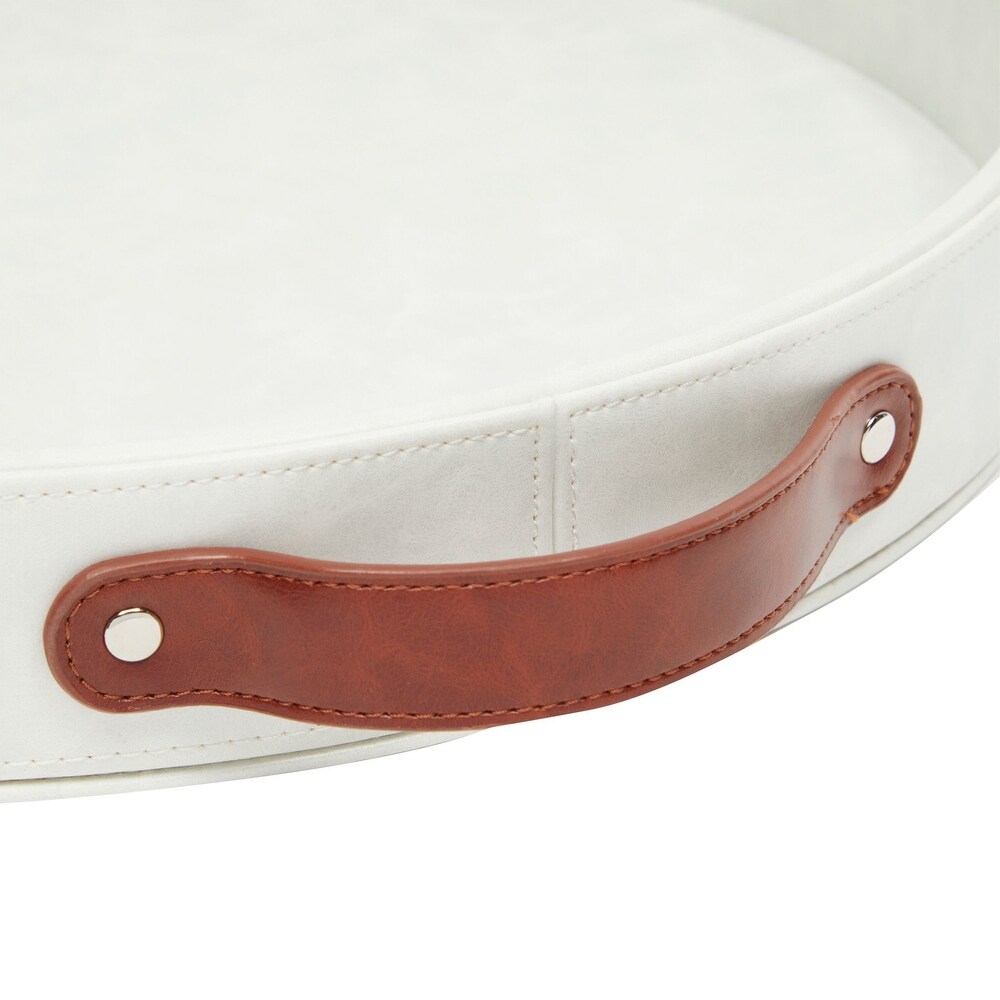 Faux Leather Round Serving Tray with Handles for Coffee Table and Ottoman (White  14.5 x 2 In)