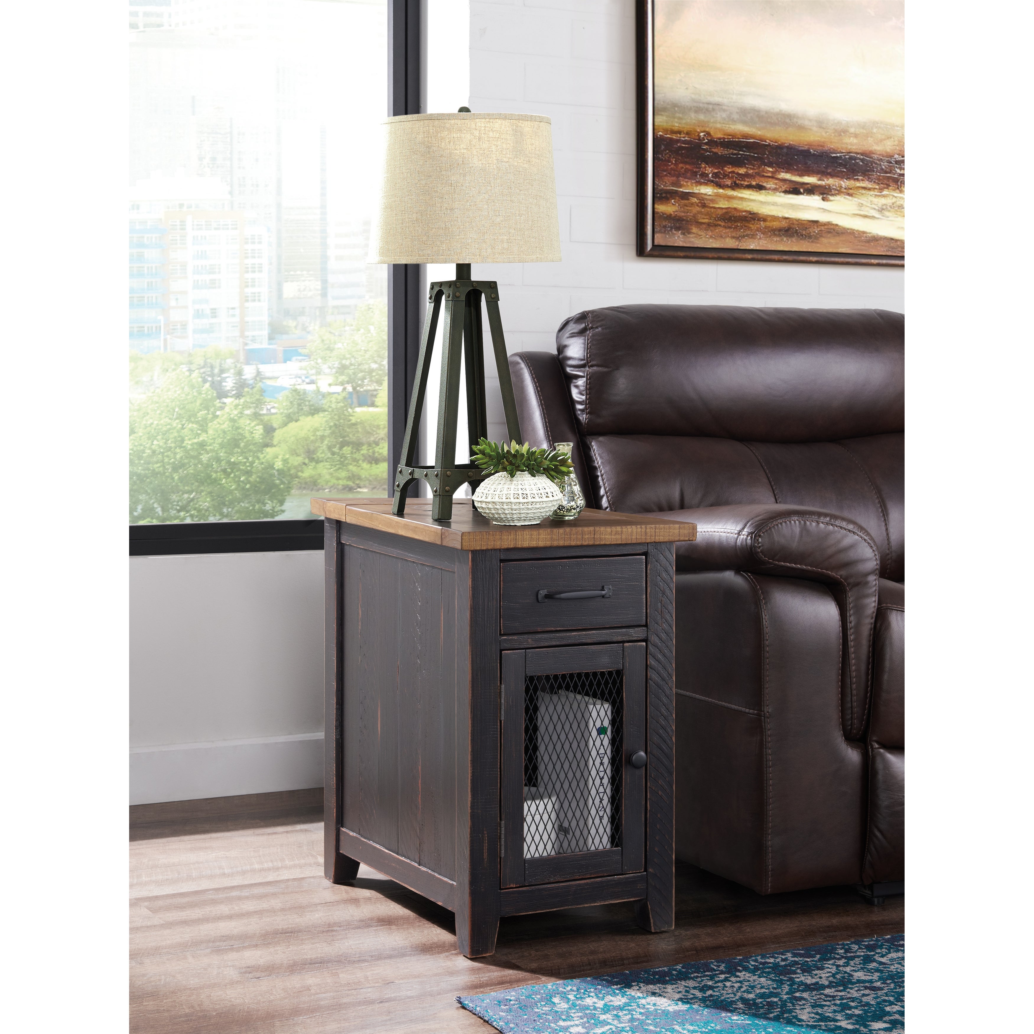 Rustic Chairside Table with hidden Charging Station， Solid Wood