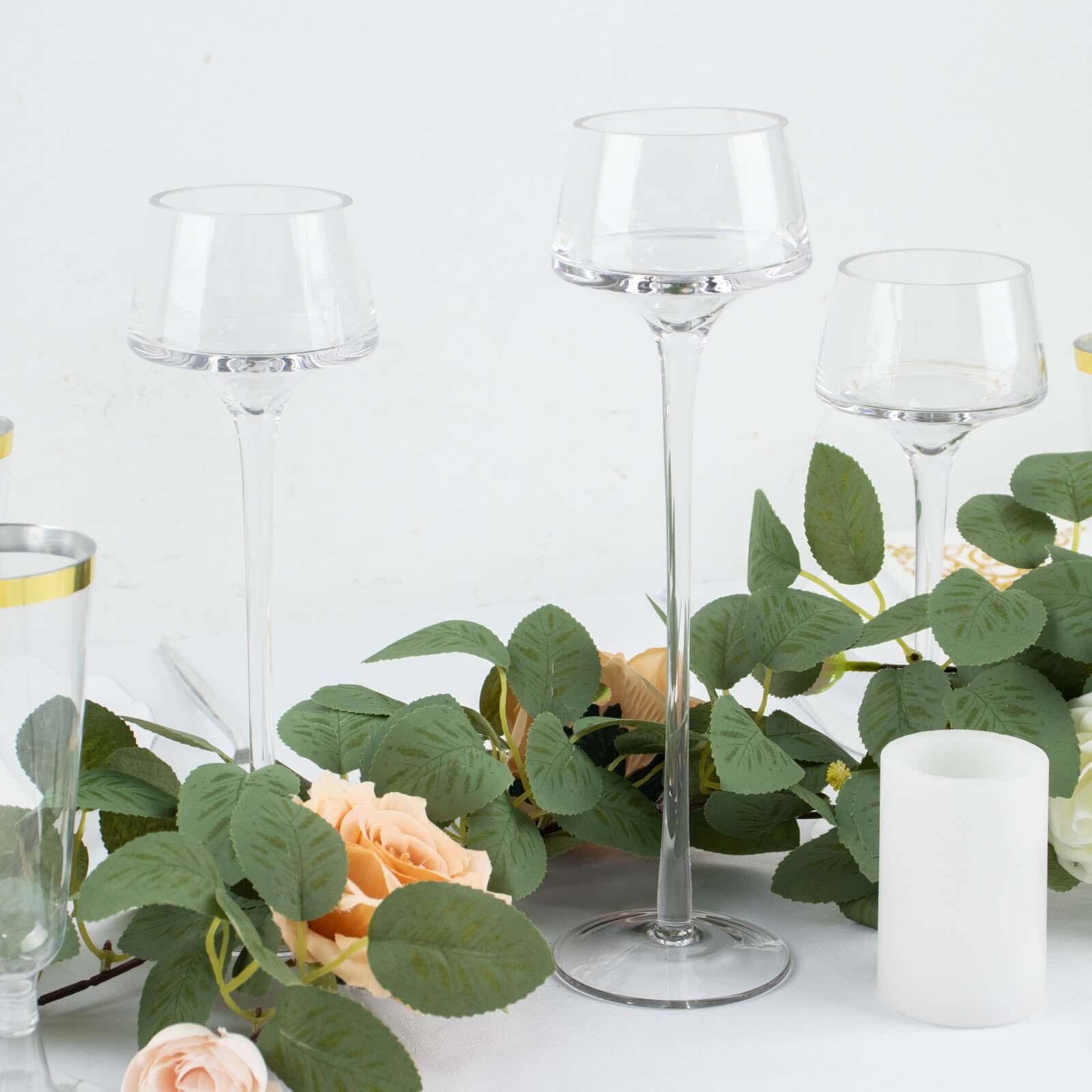 Set of 3 Long-Stem Clear Glass Pedestal Table Vase Centerpieces, Tall Tealight Disc Candle Holders 8