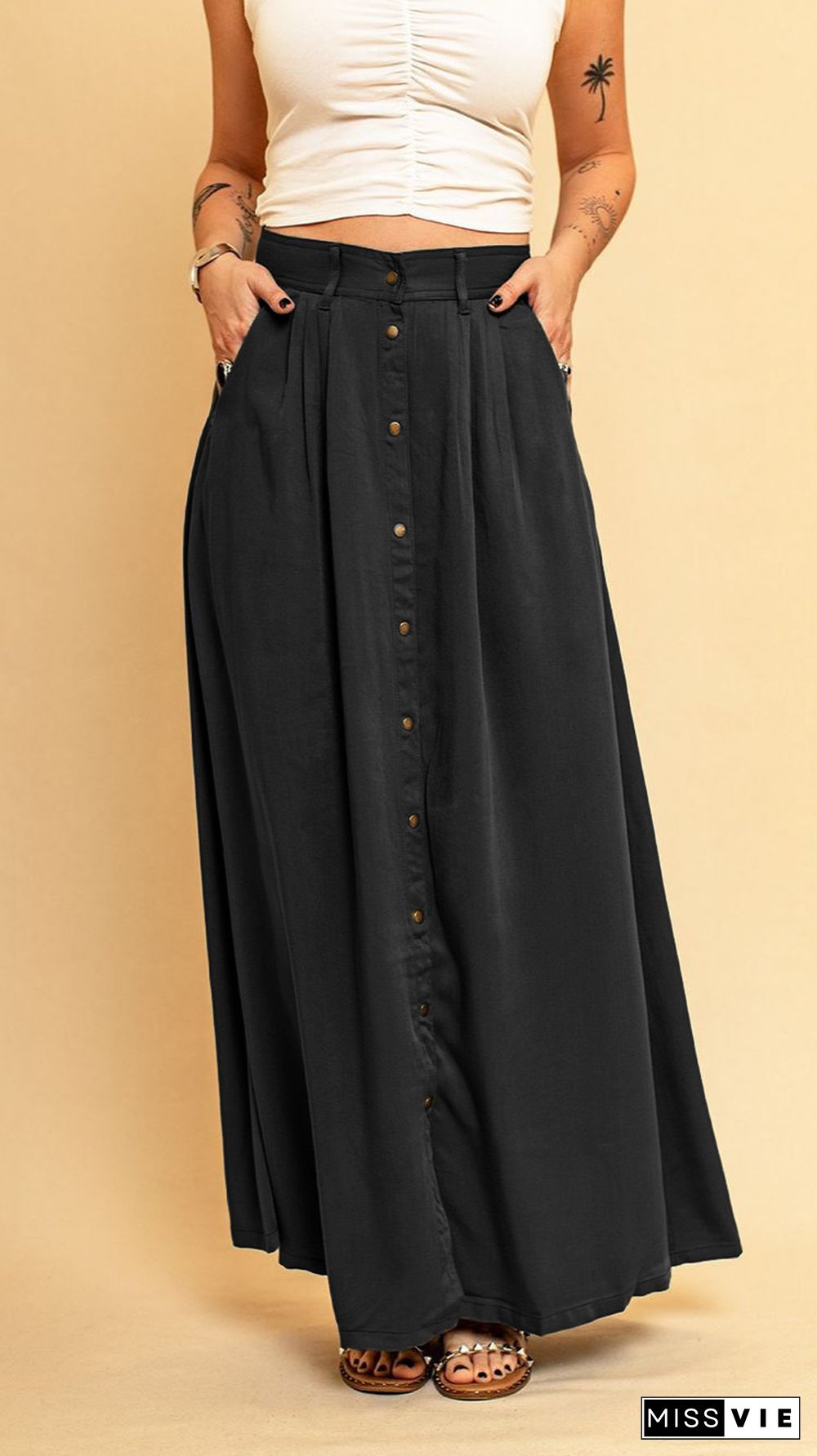 Plain Snap Button Long Length Suede Skirts