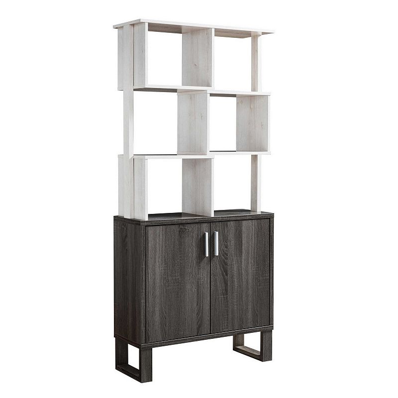 Crew 68 Inch Wood Bookcase Unit， 1 Cabinet， 6 Compartments， Oak White， Gray