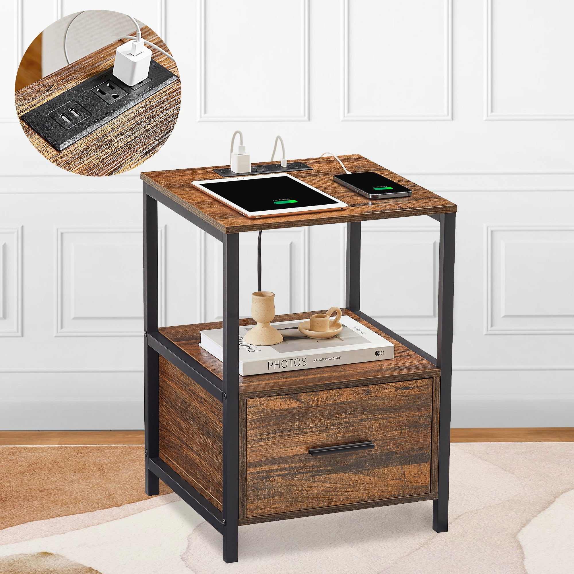 VECELO Nightstand with USB Ports & Power Outlet, Bedside/End Table with 1-Drawer and Storage Open Shelf for Bedroom/Living Room/Office, Brown