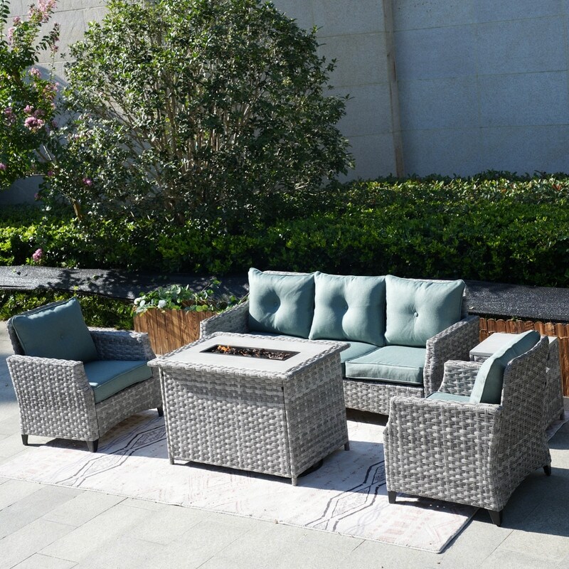 5 Piece Patio Wicker Sofa Set with Firepit Table and Rain cover