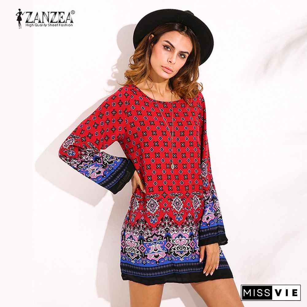 Zanzea Women Round Neck Floral Print Mini Dress Boho Ladies Casual Loose Long Tops Shirt Blouse