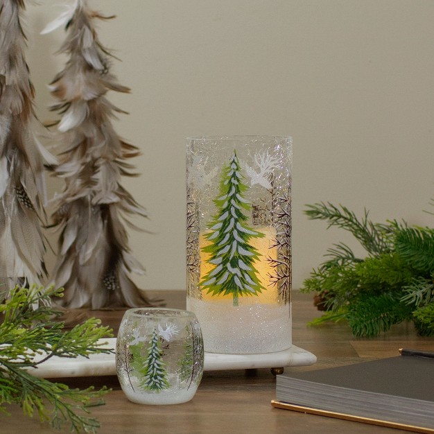 Hand Painted Christmas Pine Trees Flameless Glass Candle Holder