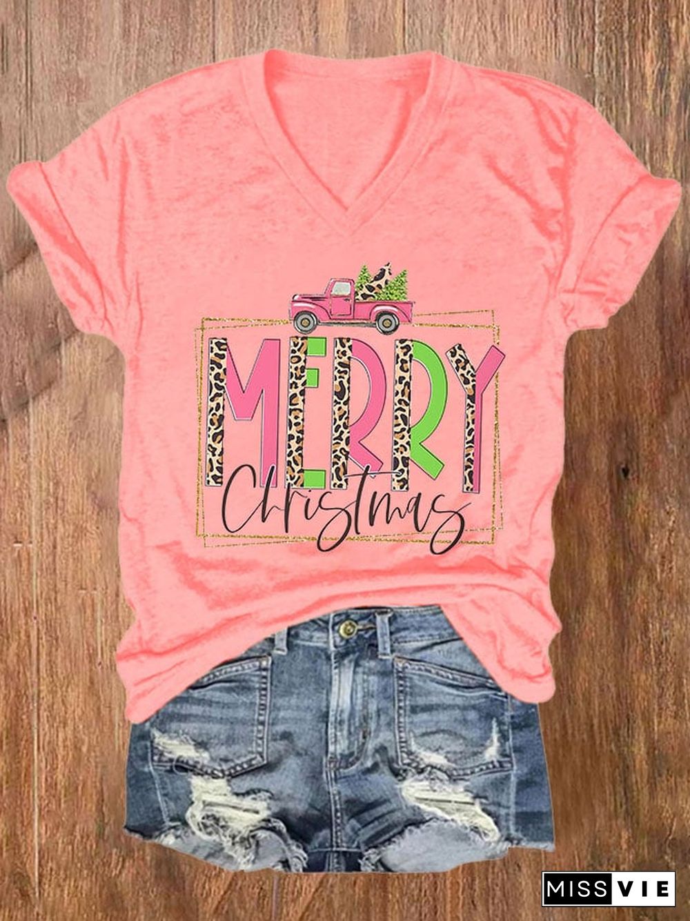 Women's Casual Merry Christmas Printed Short Sleeve T-Shirt