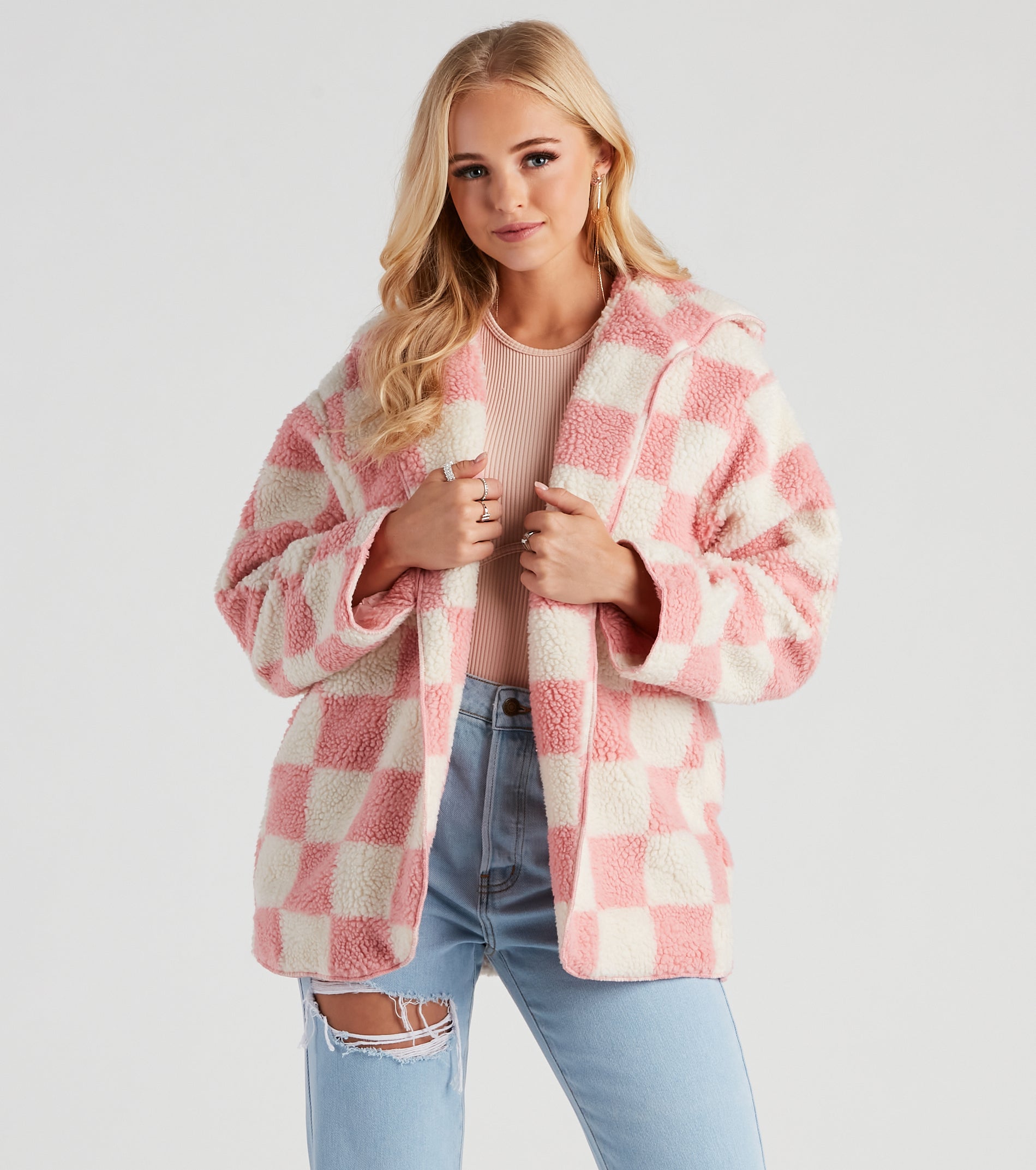 Cute In Checkered Faux Sherpa Jacket