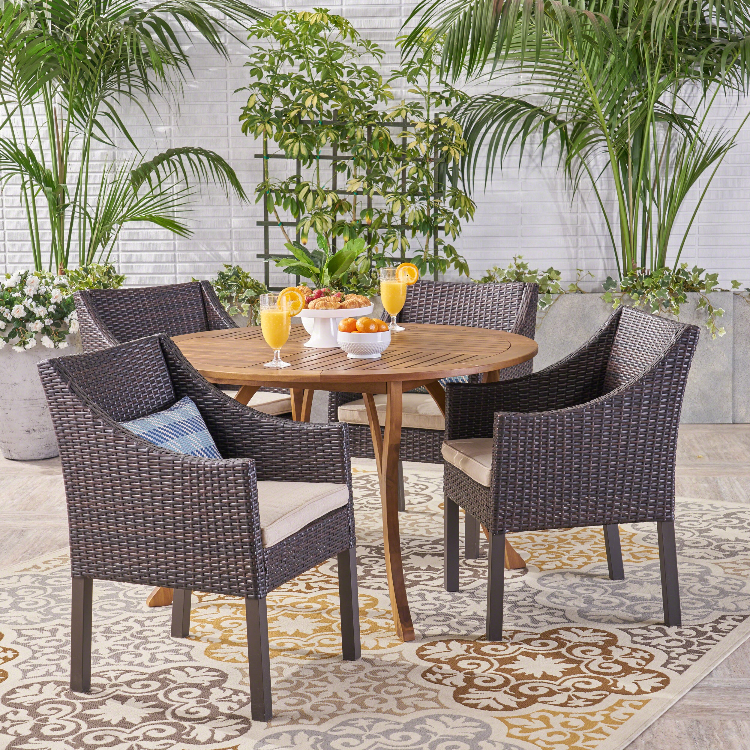 Tycie Outdoor 5 Piece Acacia Wood and Wicker Dining Set, Teak with Multi Brown Chairs