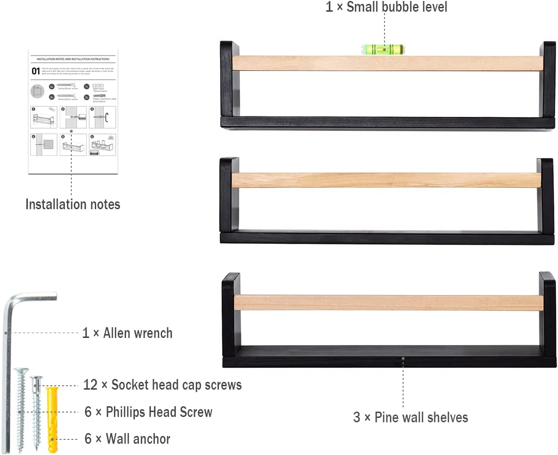 Esonal Nursery Book Shelves Black Wall Mounted Bookshelf Wall Bookshelf for Bathroom Storage or Kitchen Spice Rack 16 Inch a Set of 3