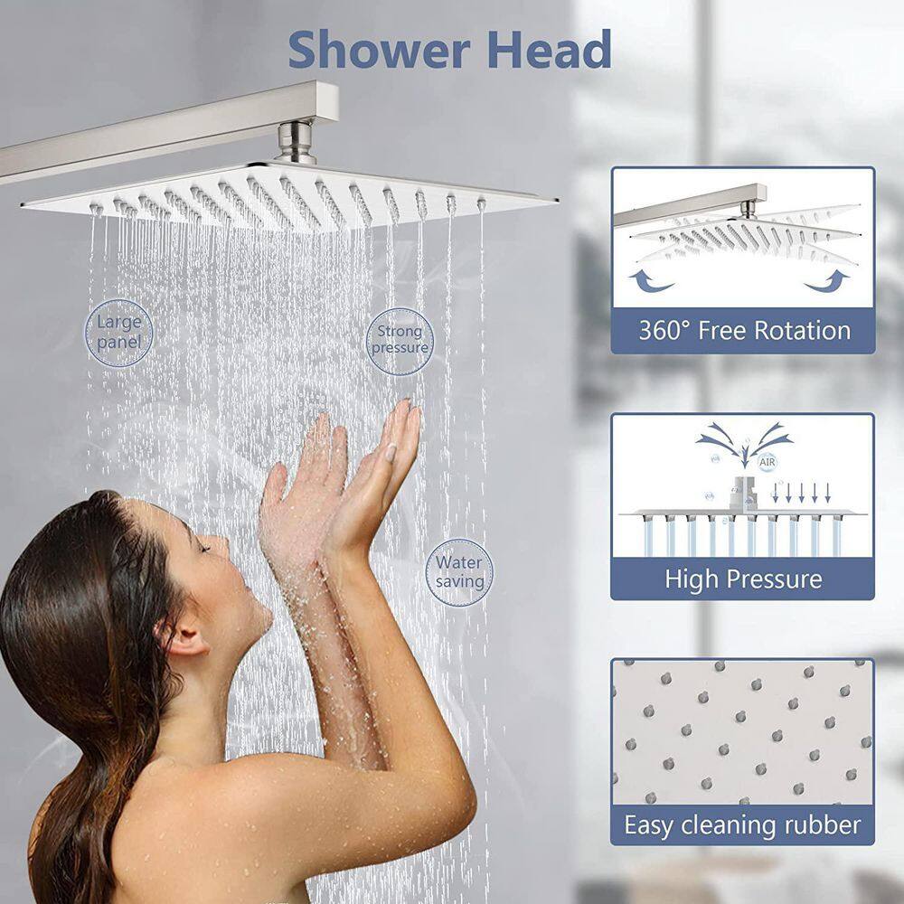 GIVING TREE 2-Spray Square 12 in. Rain Shower Head with Single-Handle Hand Shower Faucet in Brushed Nickel HDYN-MM0004