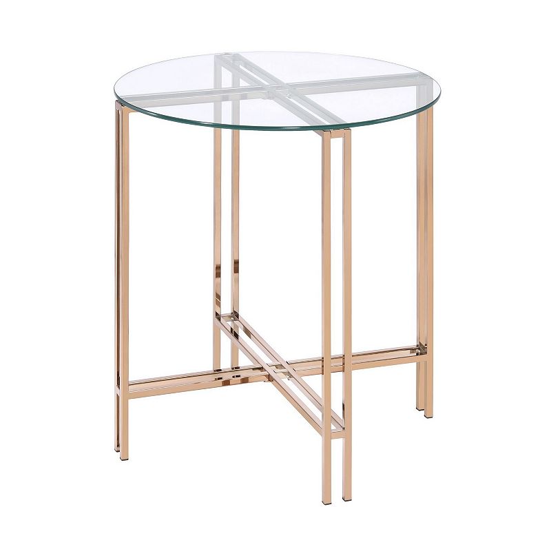 End Table with X Shaped Metal Base and Round Glass Top， Gold